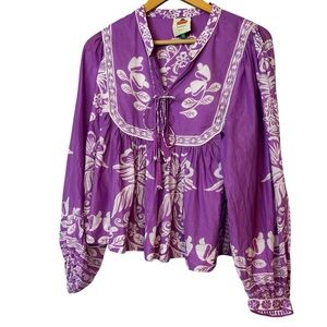 FARM Rio Purple white sweet garden top Tie Front Blouse 100% cotton boho size XL